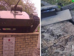 В Харьковской области вандалы осквернили могилу советских солдат и украли с постамента танк Т-70